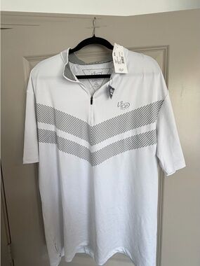 Men’s White Short-Sleeve Quarter-Zip Polo with Gray Chevron
